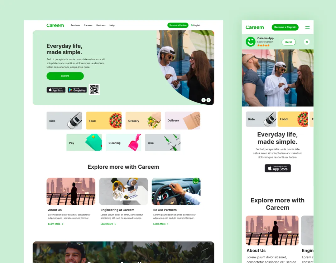 Careem website on desktop and mobile: the home page with its service categories