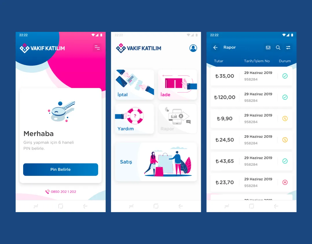 MobildePOS app screens: sign-in, sale, cancel and refund options, and a transaction report