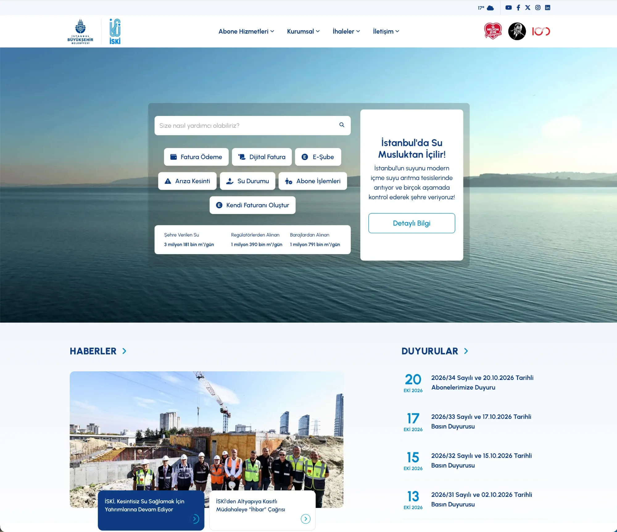 İSKİ website home page: search, quick links to subscriber services, news and announcements