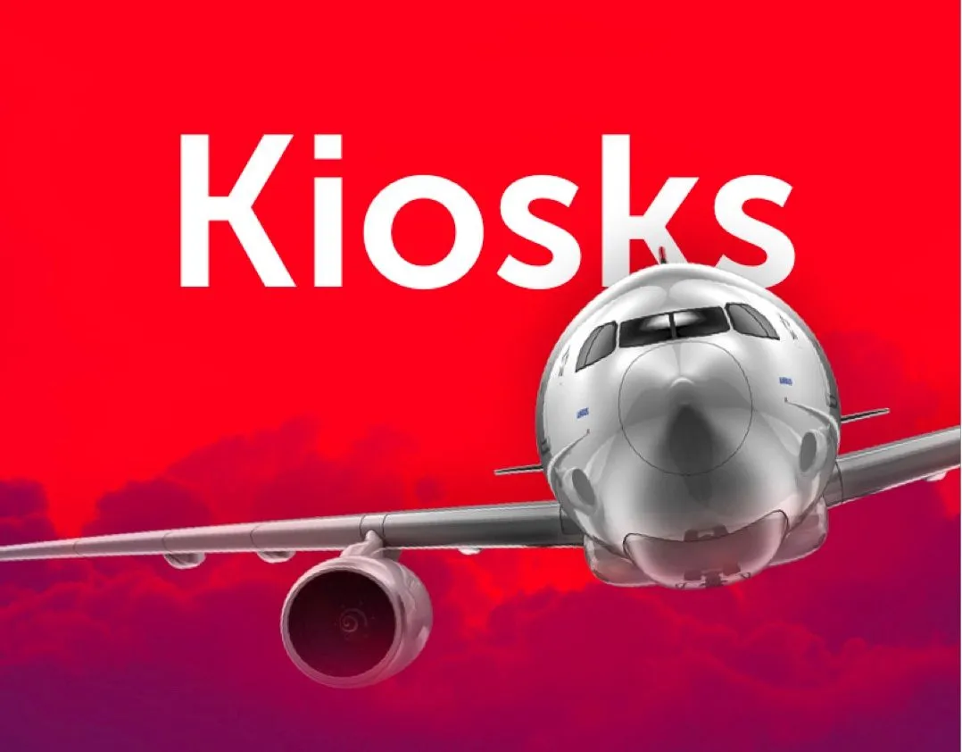 Turkish Airlines kiosks: a title visual with an aircraft