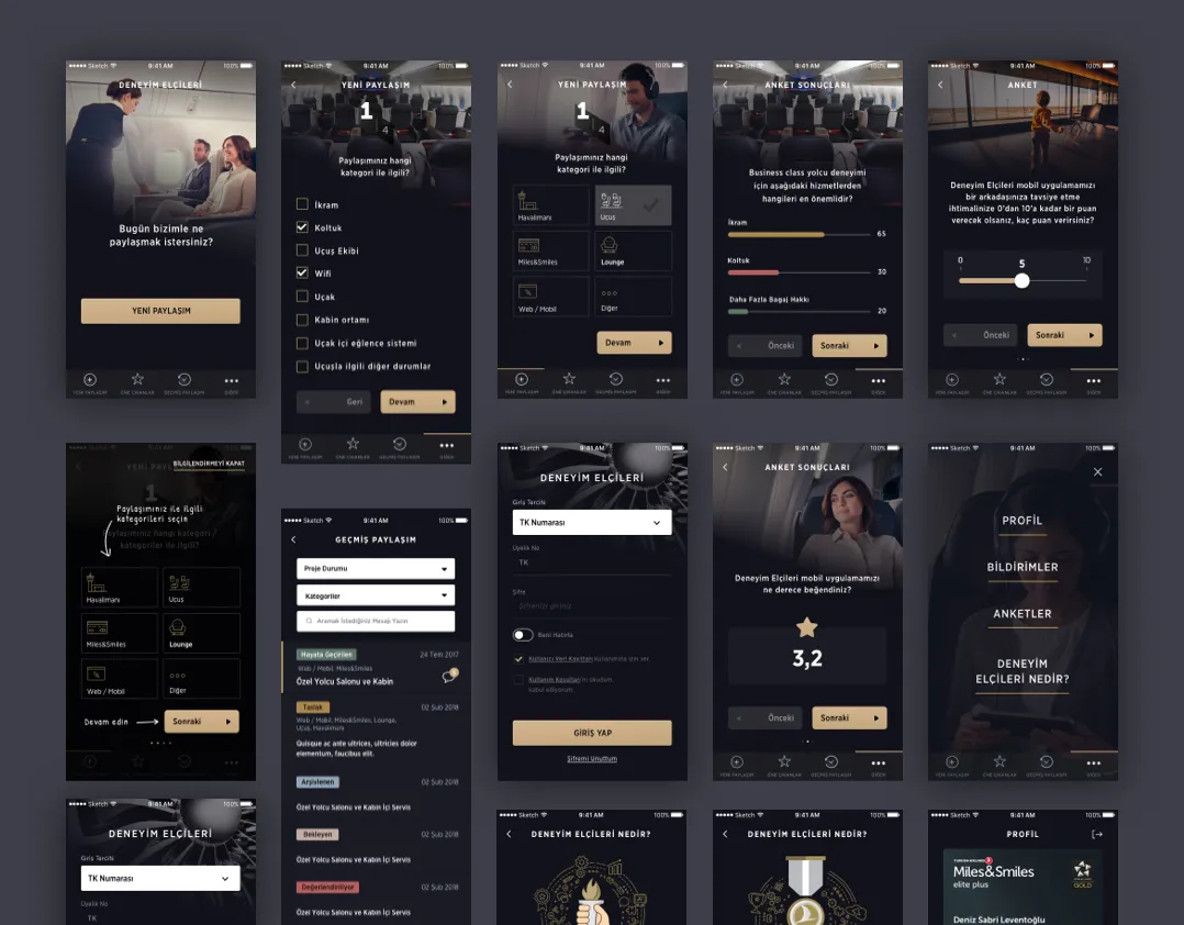 Experience Ambassadors app screens: feedback questions, ratings and profile