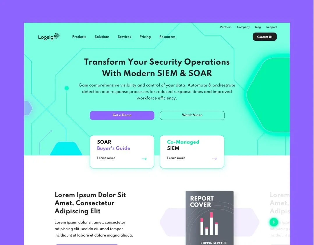 Logsign website home page presenting its SIEM and SOAR products