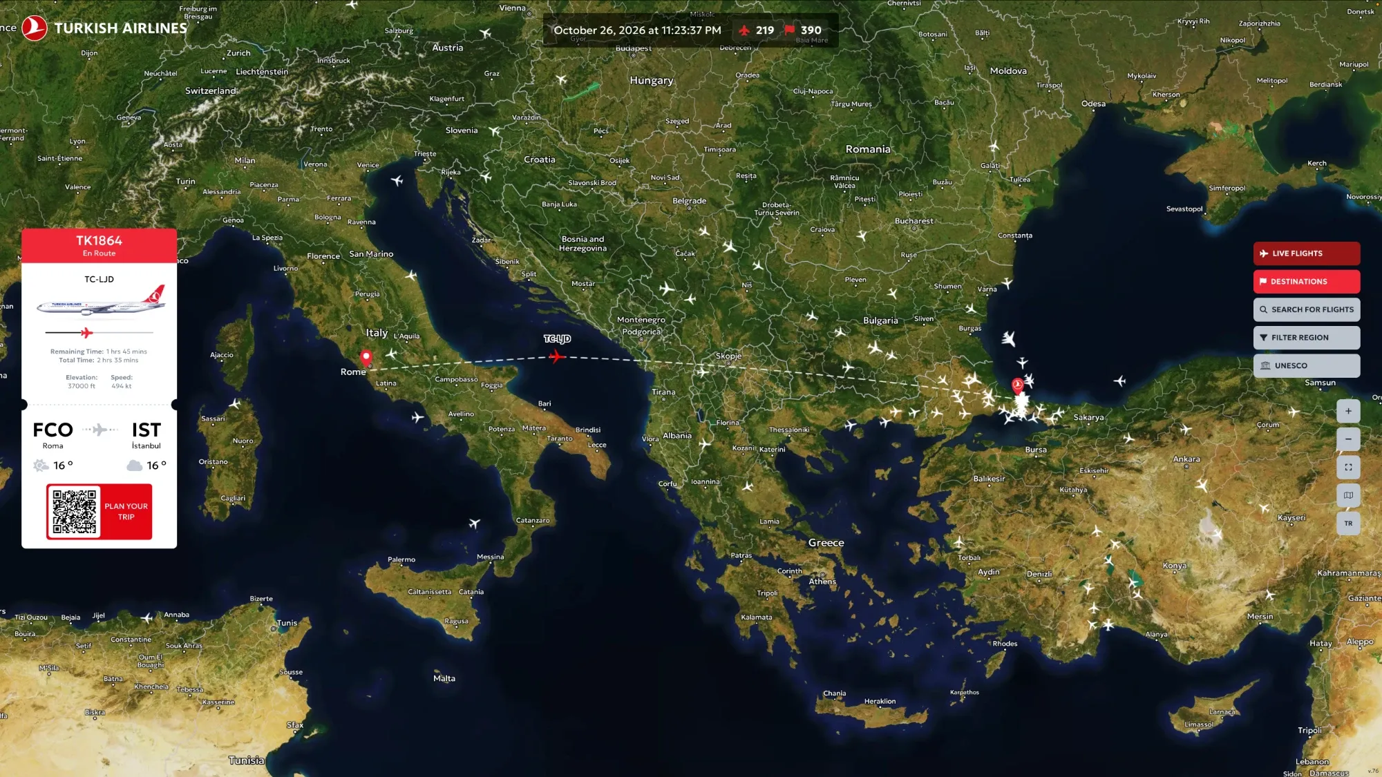 Turkish Airlines Flight Tracker: a live map of the airline’s flights, with the details of flight TK1864 from Rome to Istanbul