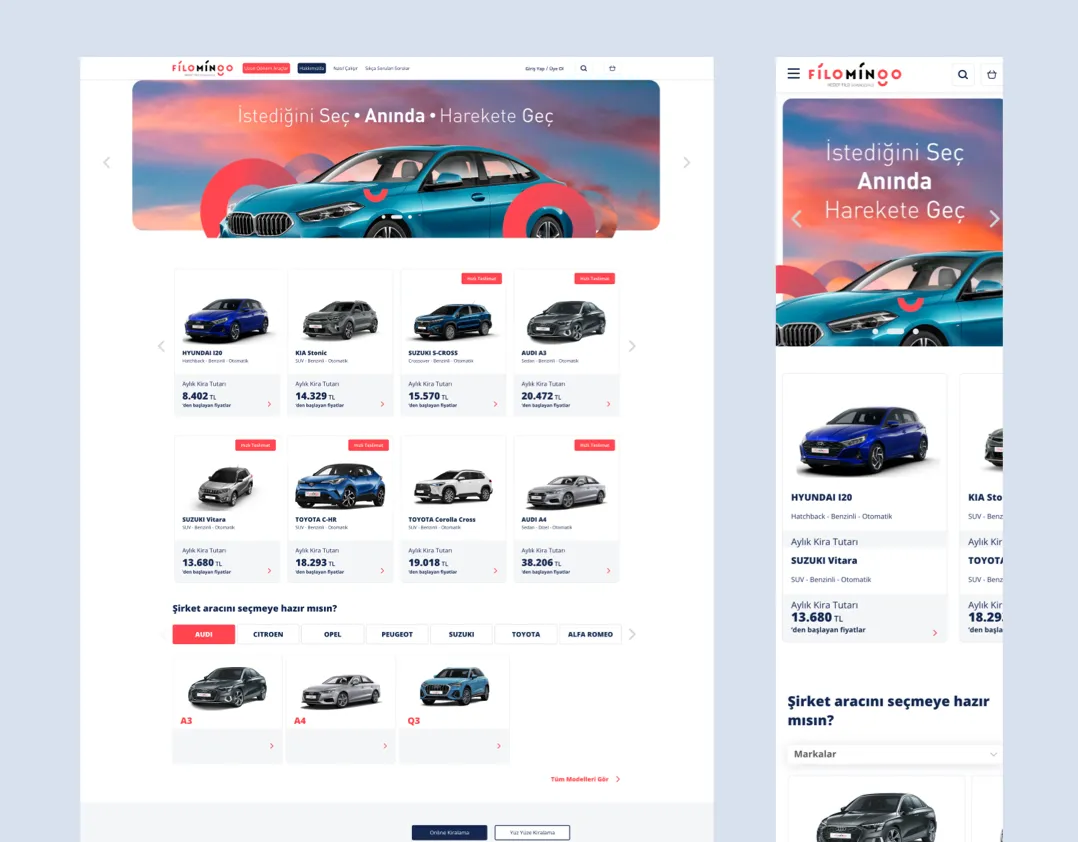 Filomingo on desktop and mobile: the home page with monthly rental offers and car selection by brand
