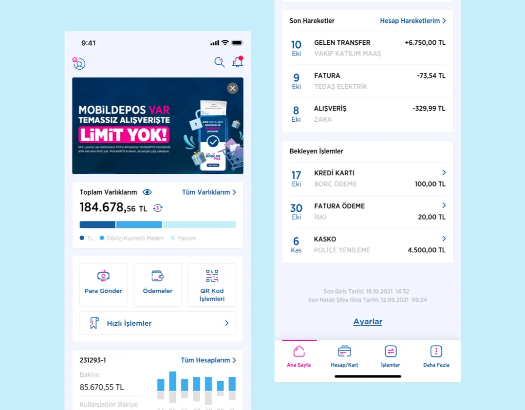 Vakıf Katılım Mobile Branch app screens: account overview and recent transactions